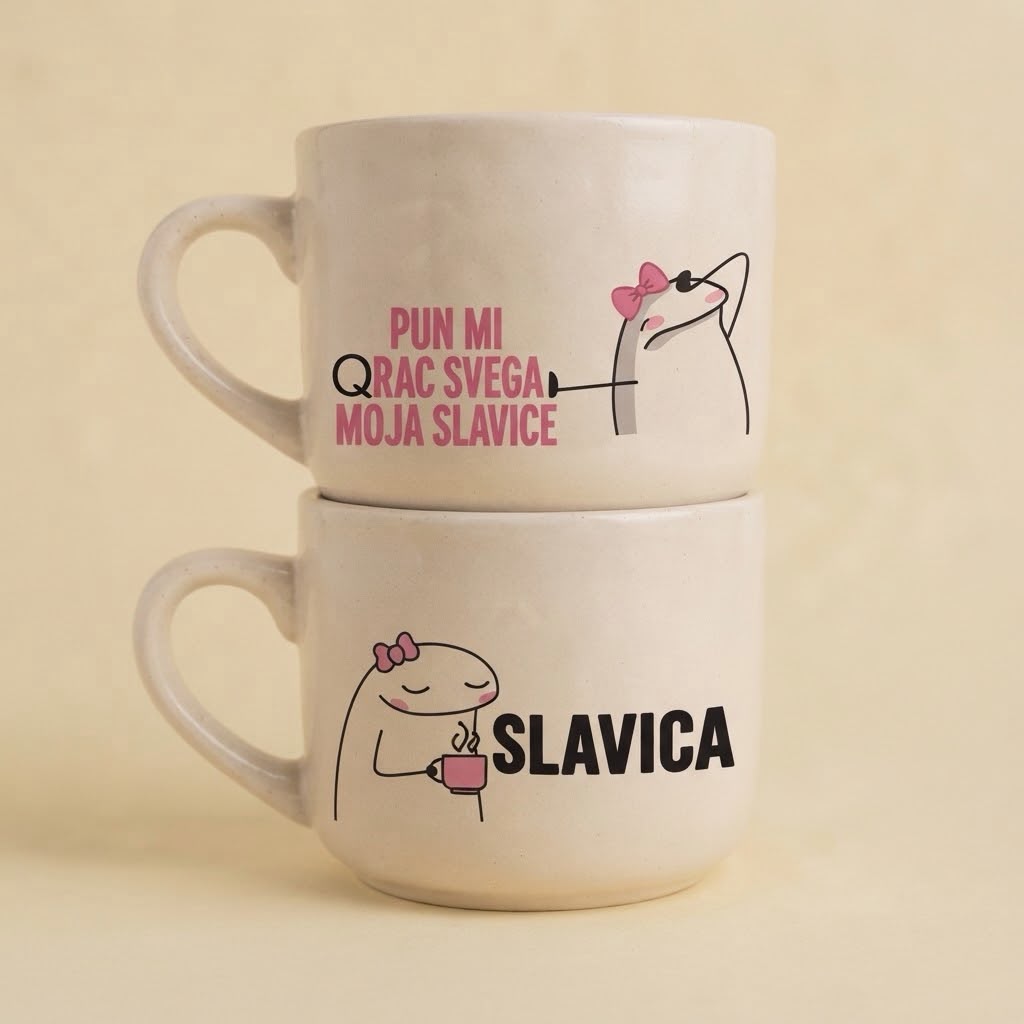 Dve krem šolje, natpisi Pun mi qrac svega moja Slavice i Slavica sa crtežom lika